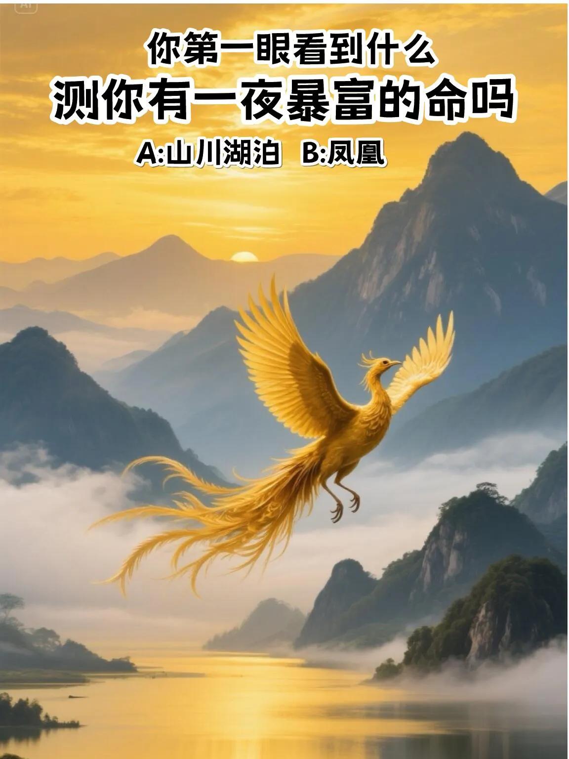 心理测试测你有一夜暴富的命吗？？你第一眼看到什么？？A.山川湖泊B.凤凰