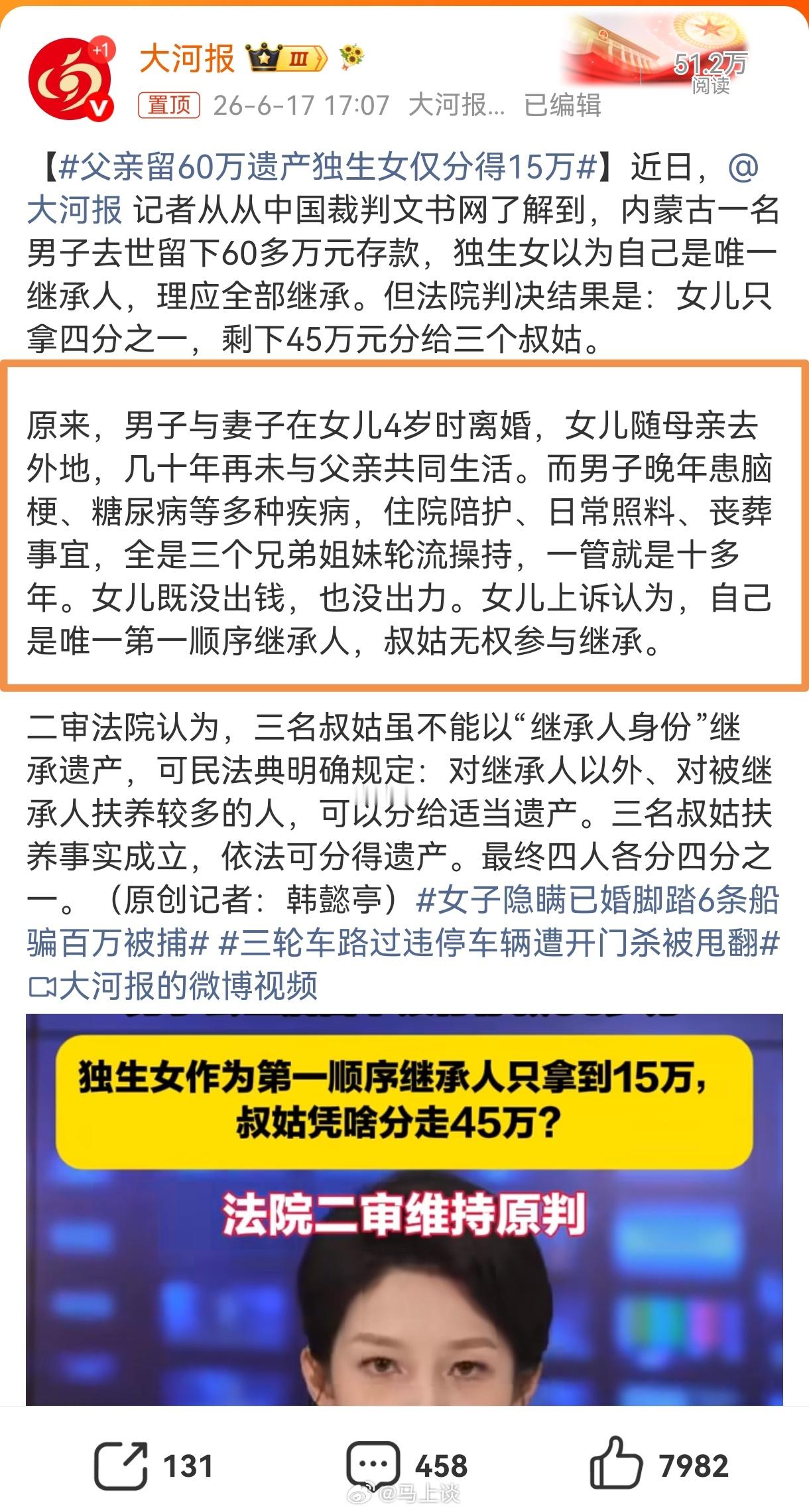 父亲留60万遗产独生女仅分得15万人不要脸，天下无敌！男子和妻子在女儿4岁时就