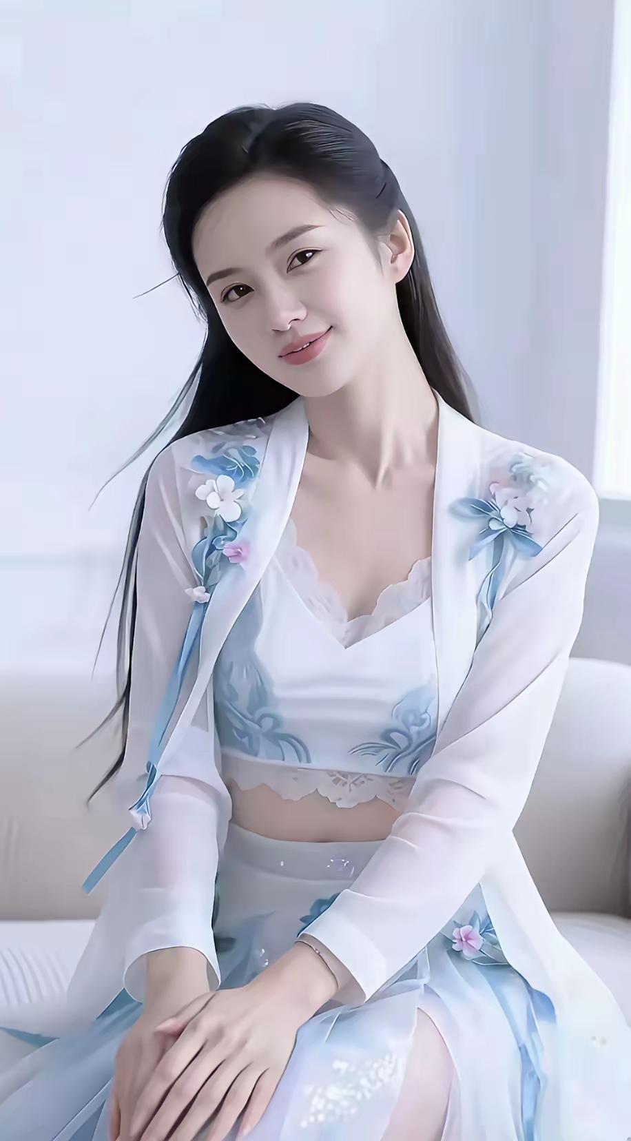 《邂逅古风美人》仙气飘飘的古风美人，浅蓝花裙，温柔可人。她轻移莲步，裙裾随风