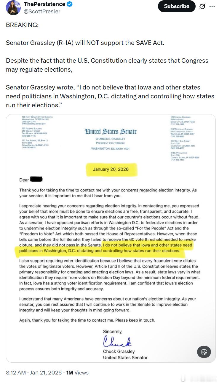 爱荷华州共和党参议员查克·格拉斯利不支持《选举安全与投票保障法案（SAVEAc