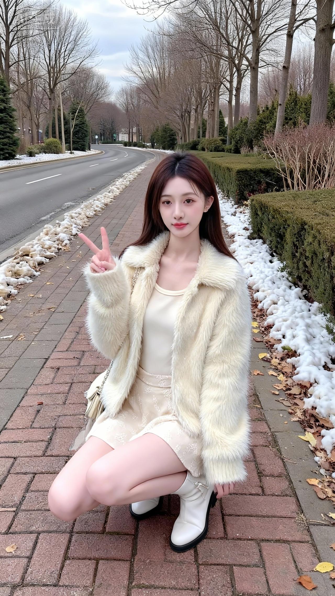 雪天街头的奶白甜妹好戳毛绒外套裹着奶杏内搭，格纹短裙配白靴，软乎乎的全白穿