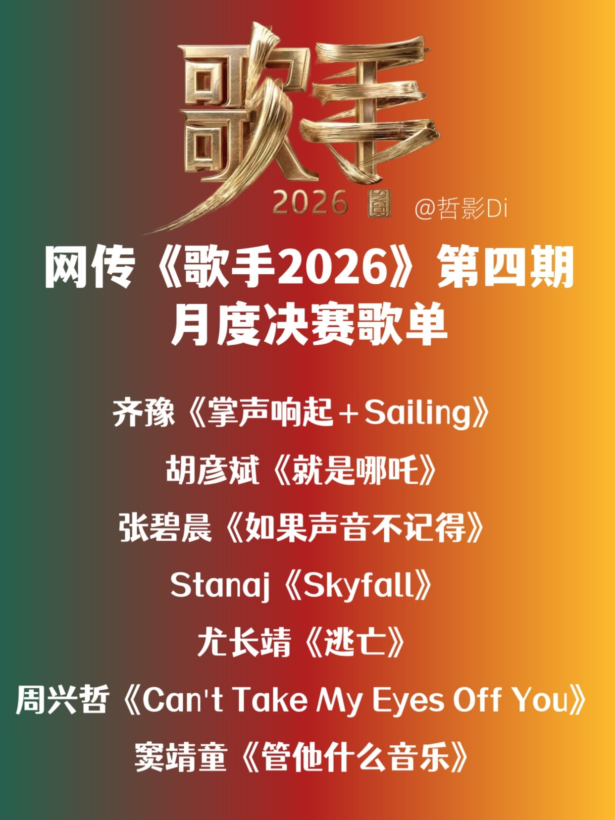 歌手2026《歌手2026》网传第四期月度决赛歌单，从歌单来看张碧晨、齐豫、St