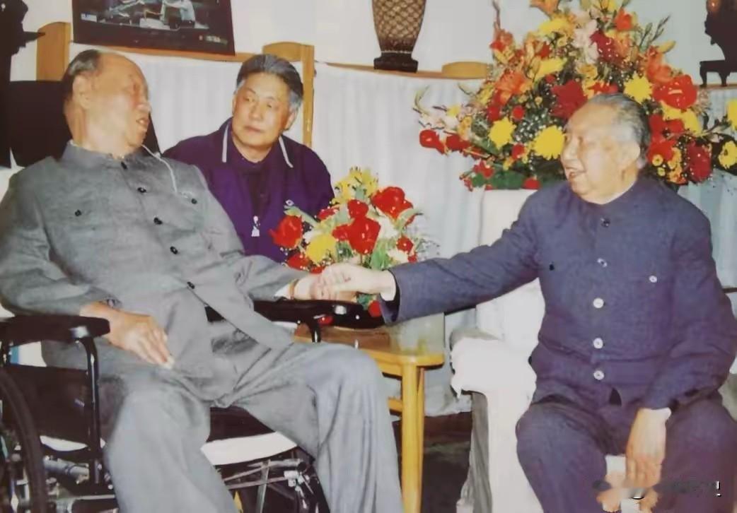 两位老者握手的瞬间！这张合影拍摄于20世纪90年代，两位老者握手的瞬间被这张