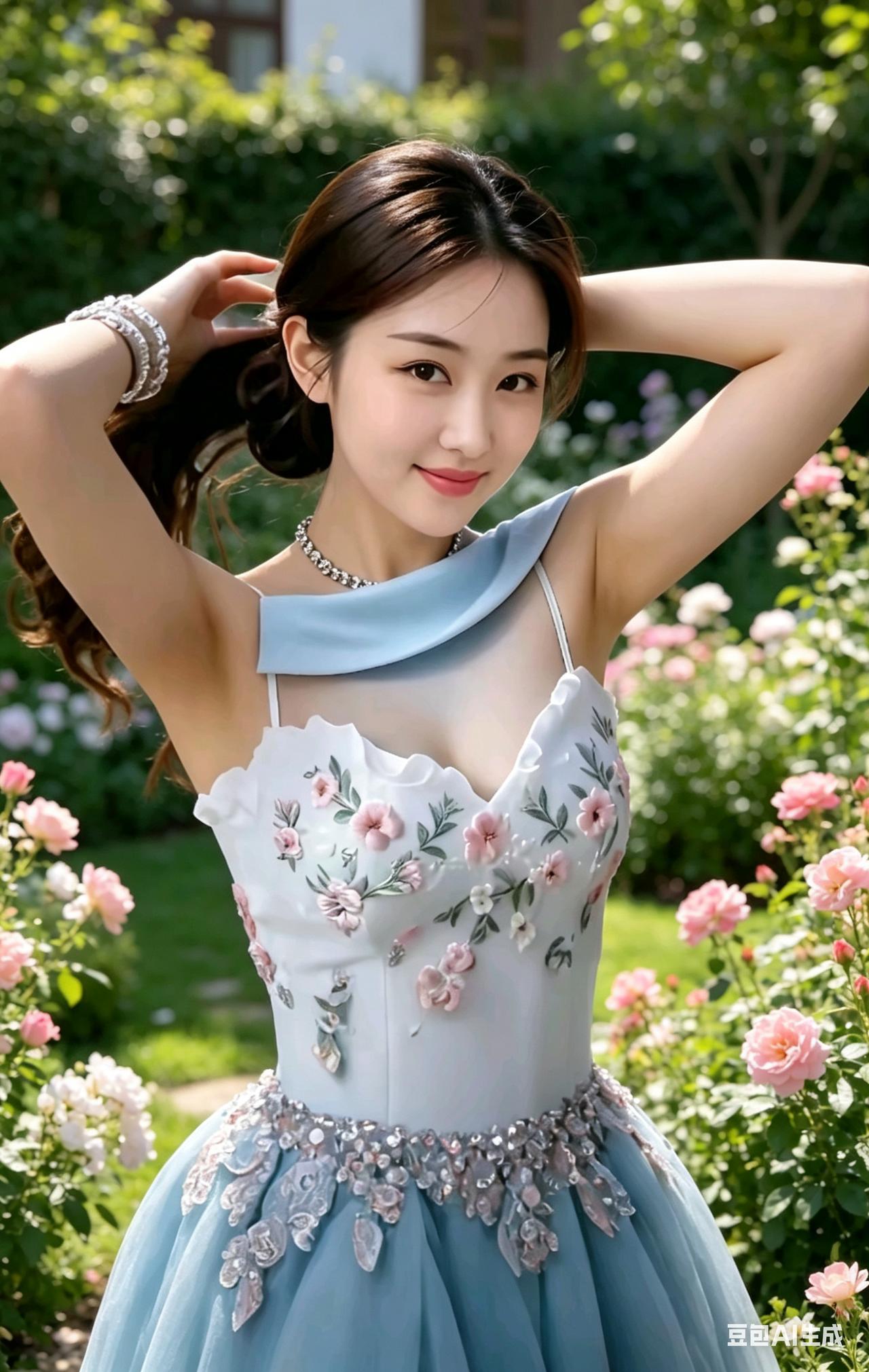 夏日花园中的优雅少女，粉色花朵与蓝色裙摆相映成趣。我研究生快毕业了，借五一假出