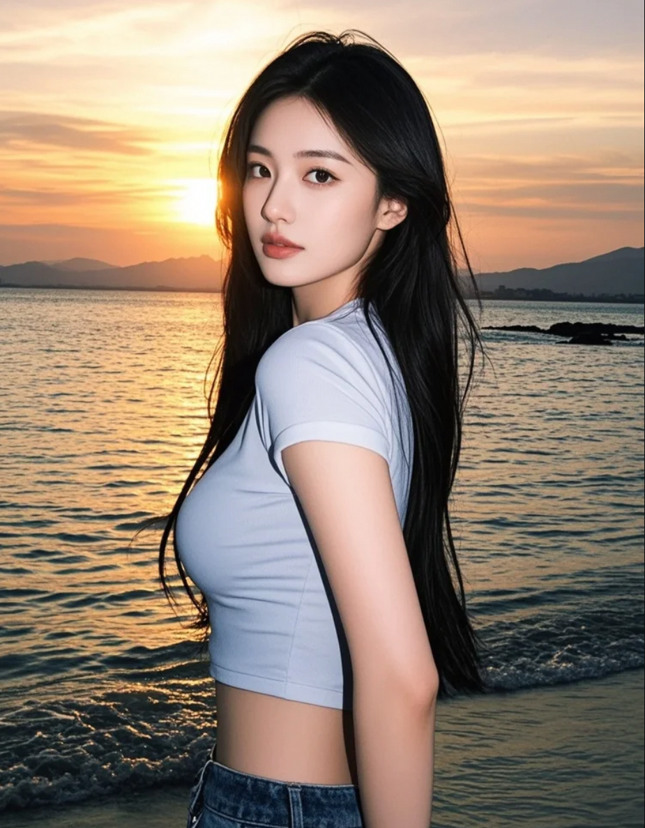 她在海边，与夕阳一同度过美好时光