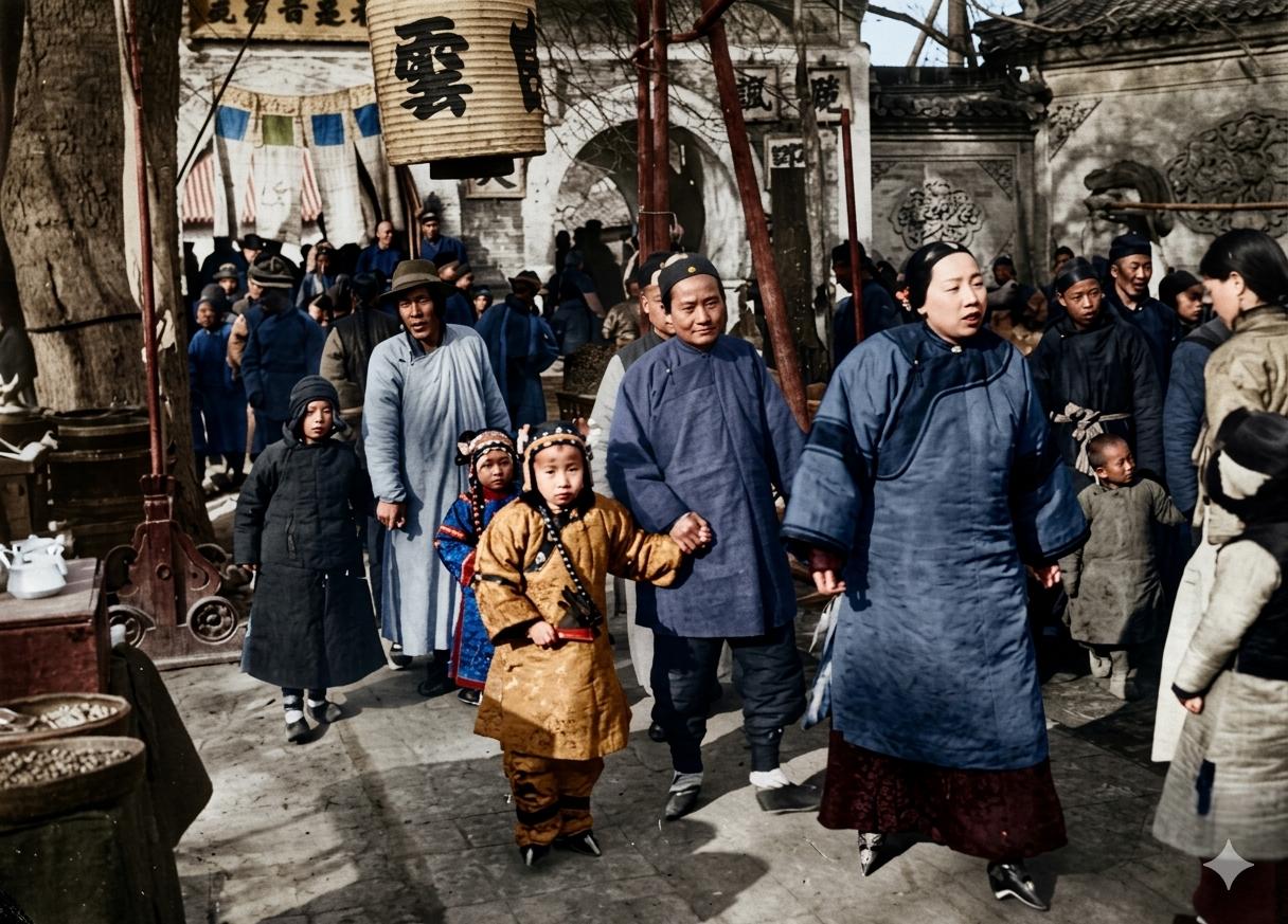 清末北京闹市，青石板路上人潮熙攘，旗装妇人迈着三寸金莲蹒跚而行，身边的小女孩早已