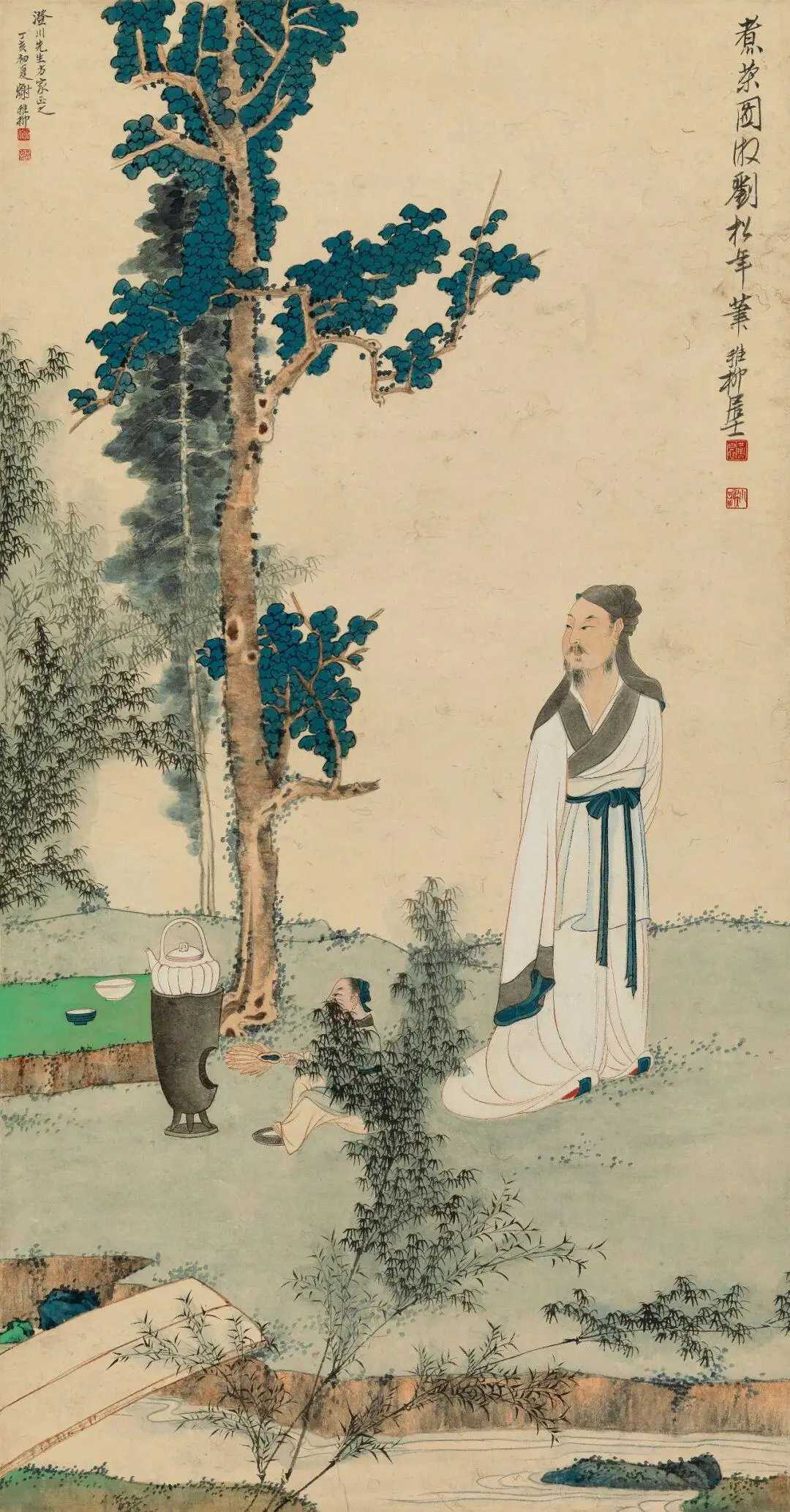 谢稚柳《煮茶图》，纸本设色83×43.5cm。款识：煮茶图。仿刘松年笔。稚