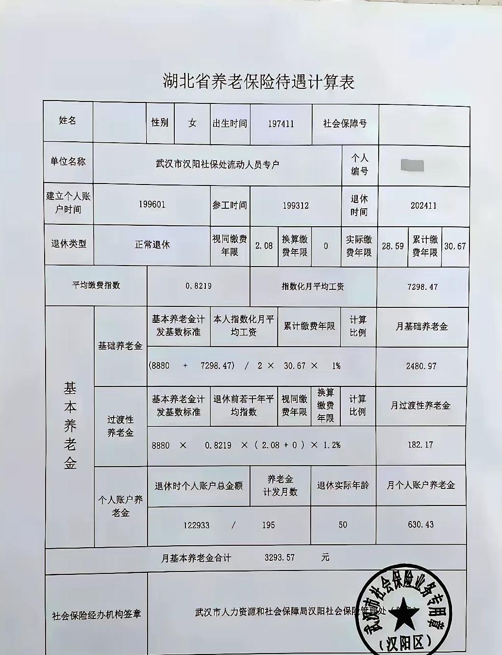 湖北省的养老保险待遇计算表简明扼要清清楚楚，一眼就能看明白！这位女性，197