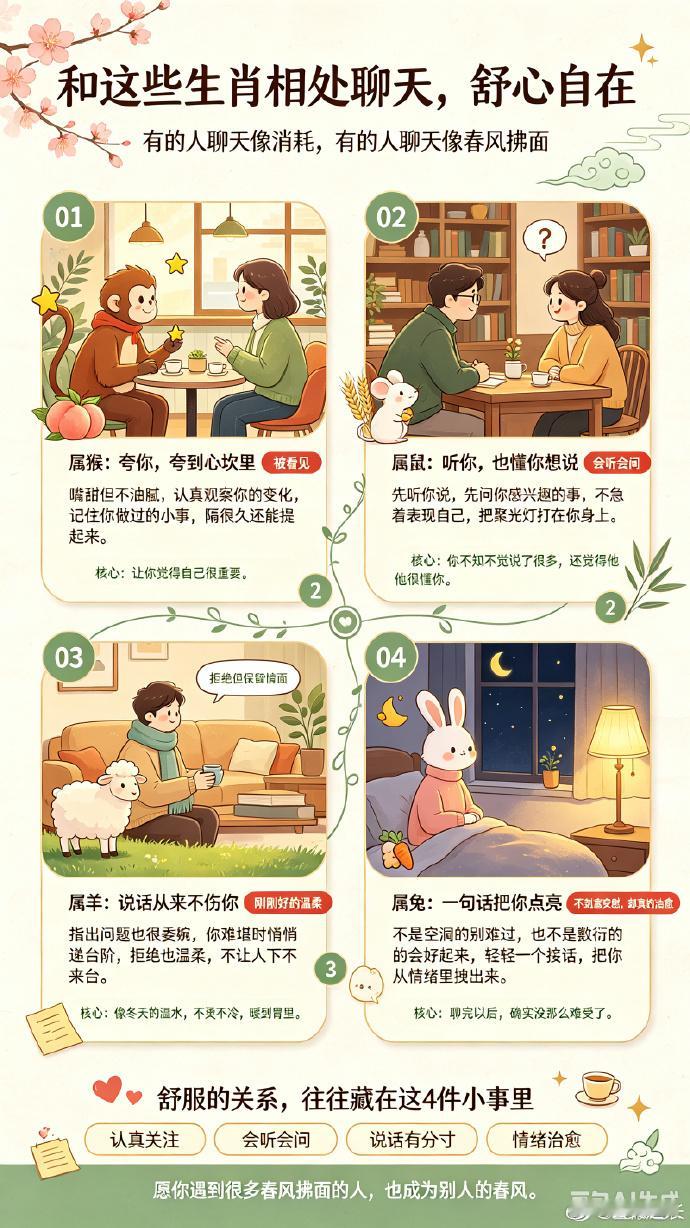 和这些生肖相处聊天，舒心自在和有些人聊天，是一种消耗；和另一些人聊天，却像春风拂面。以下四个生肖，各