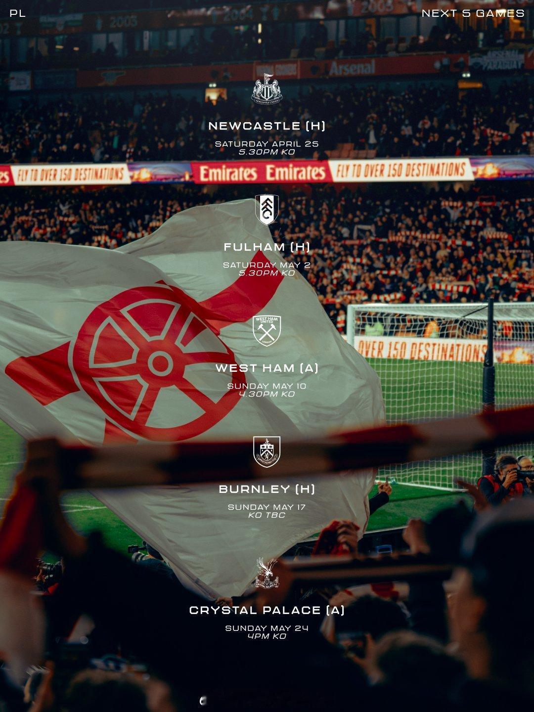 阿森纳vs纽卡斯尔联最后五场联赛我们能拿到多少分？期待全取15分，多进球，享受