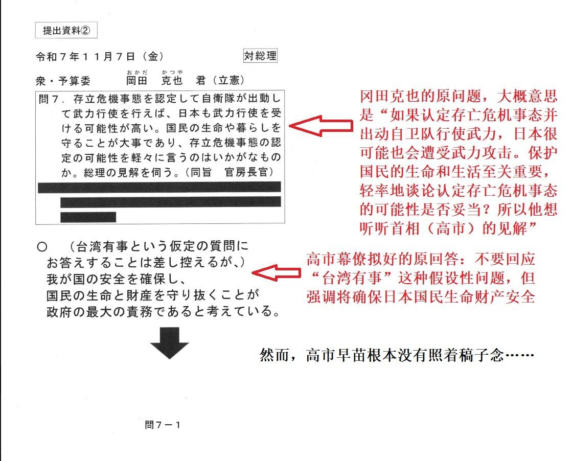 日媒已经开始洗了，声称高市早苗有关台湾的言论没照着原定好的稿子读。让我猜猜，下一