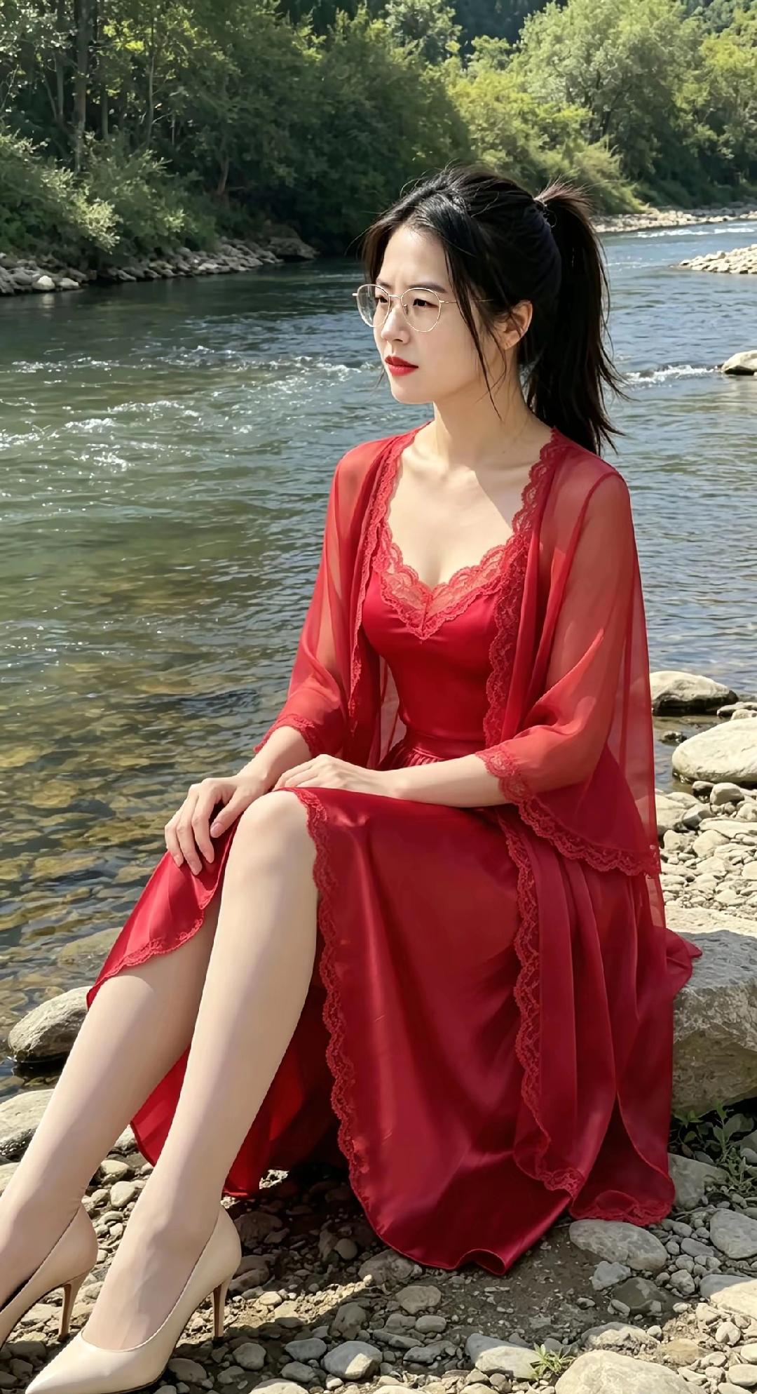 夏日河畔，红裙飘逸，优雅动人凉爽气质套装穿搭