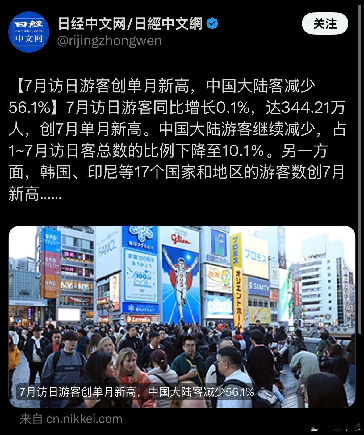 日本旅游业凉了不知道怎么得出“凉了”这个结论的。日本国家旅游局刚公布的7月数据，