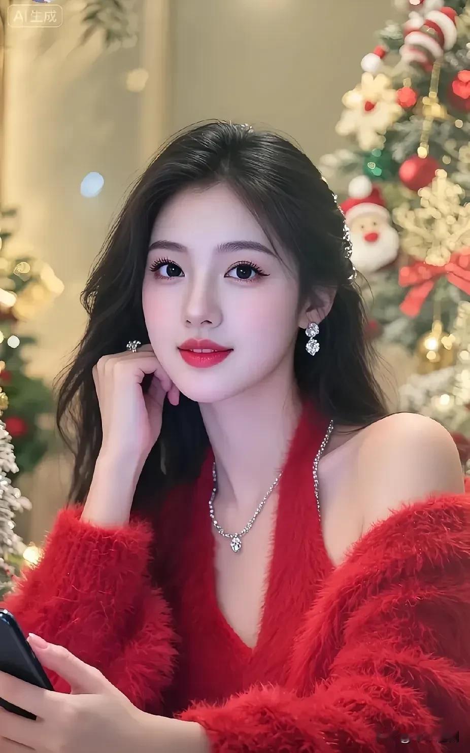圣诞树上的光揉进红唇，红绒裙裹着暖冬的热烈，颈间银链是节日里轻晃的星。红礼服气