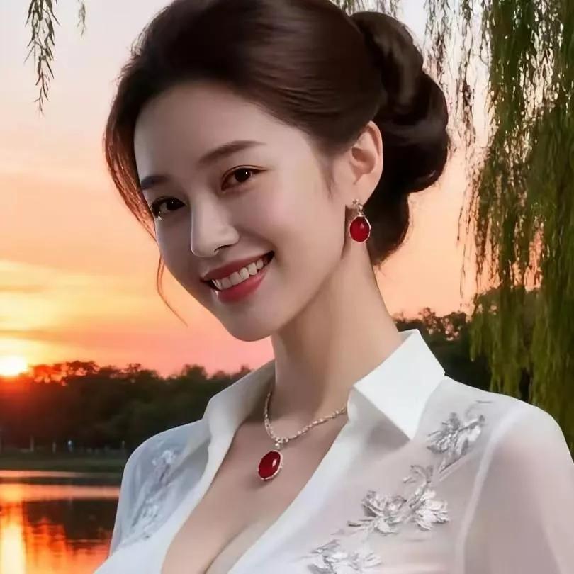 夕阳下的优雅少女，笑容灿烂如花美少女的微笑秋日少女照夕阳美女照山景少女照