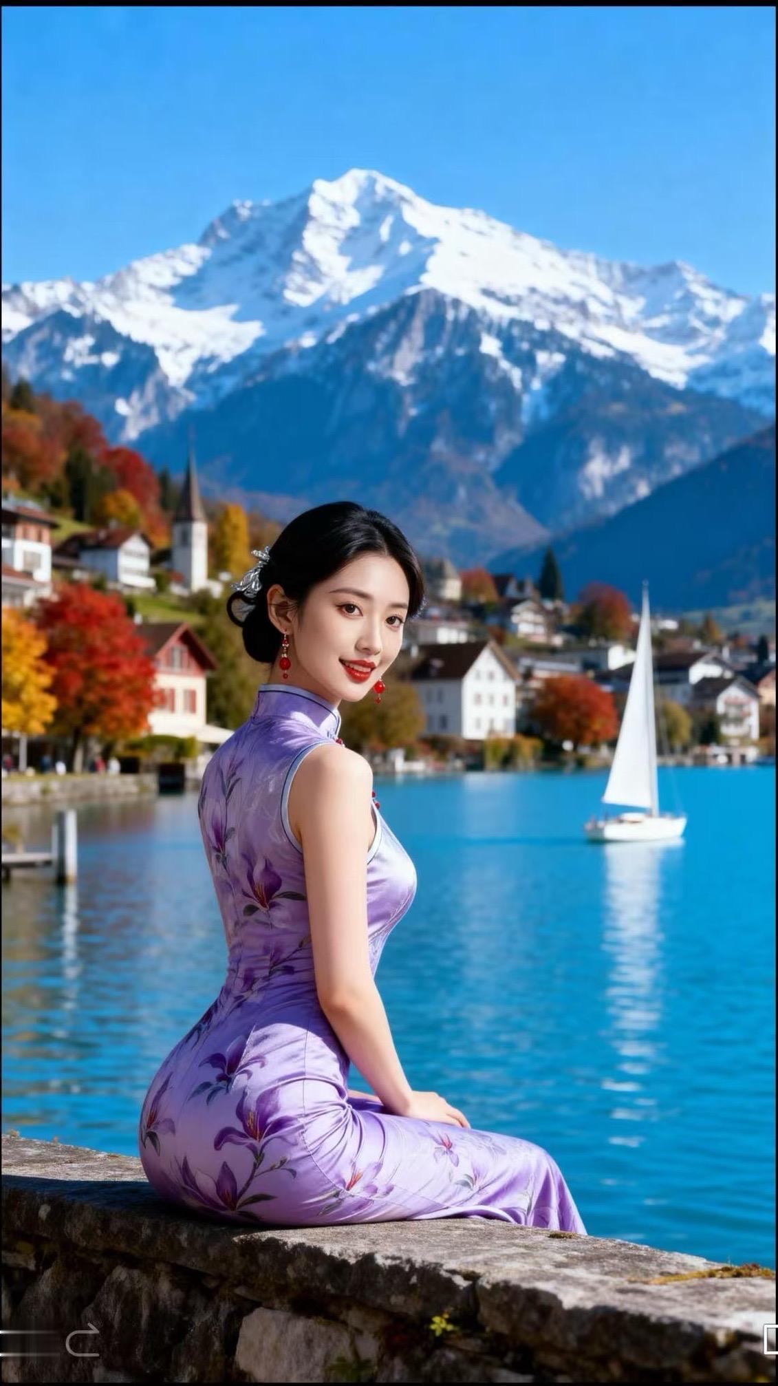 紫玉旗韵映山湖秋风轻拂，湖畔佳人，身着一袭淡紫旗袍，优雅如兰。旗袍上，花卉纹