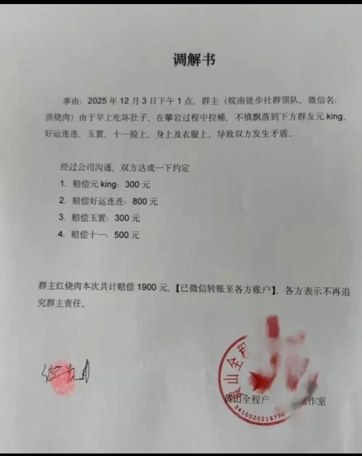 爆笑，拉肚子喷人脸上了！调解书事由：2025年12月3日下午1点，群主（皖南