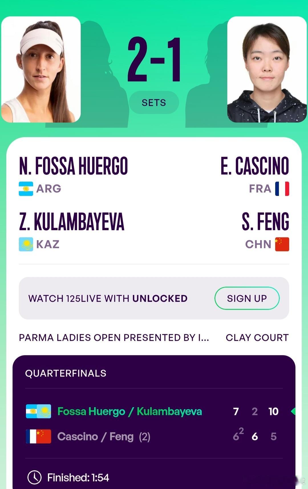WTA125帕尔马站🇮🇹女双8进42号种子丰硕🇨🇳/卡西诺🇫🇷6-7