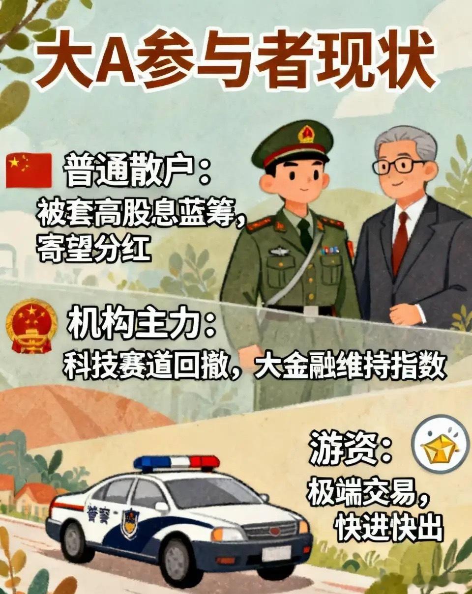 大A各层次参与者的现状：1. 普通散户大量被套在高股息传统蓝筹，寄望分红，股价长