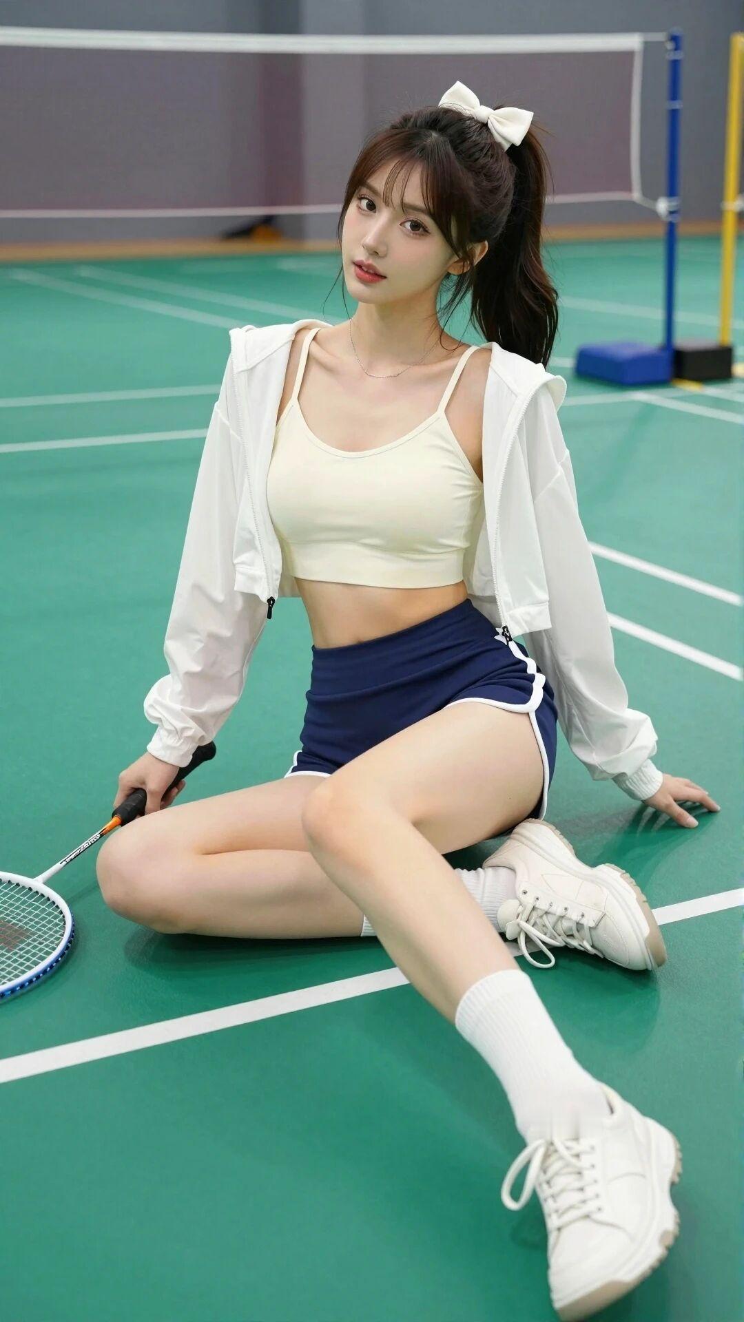 晒图笔记大赛白衣少女在球场甜美瞬间，微笑静坐手握球拍，活力满满。