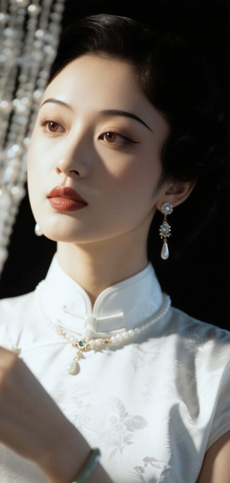 精美壁纸（719）🌈胶片镜头下民国美人氛围感特写，强烈侧白光漫溢，画面轻微过