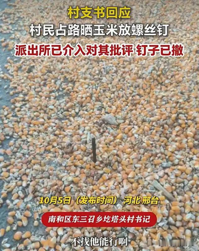 河北邢台，一男子为晒玉米，占住全村唯一进出路，玉米底下埋了一溜钢钉，过路车压上就