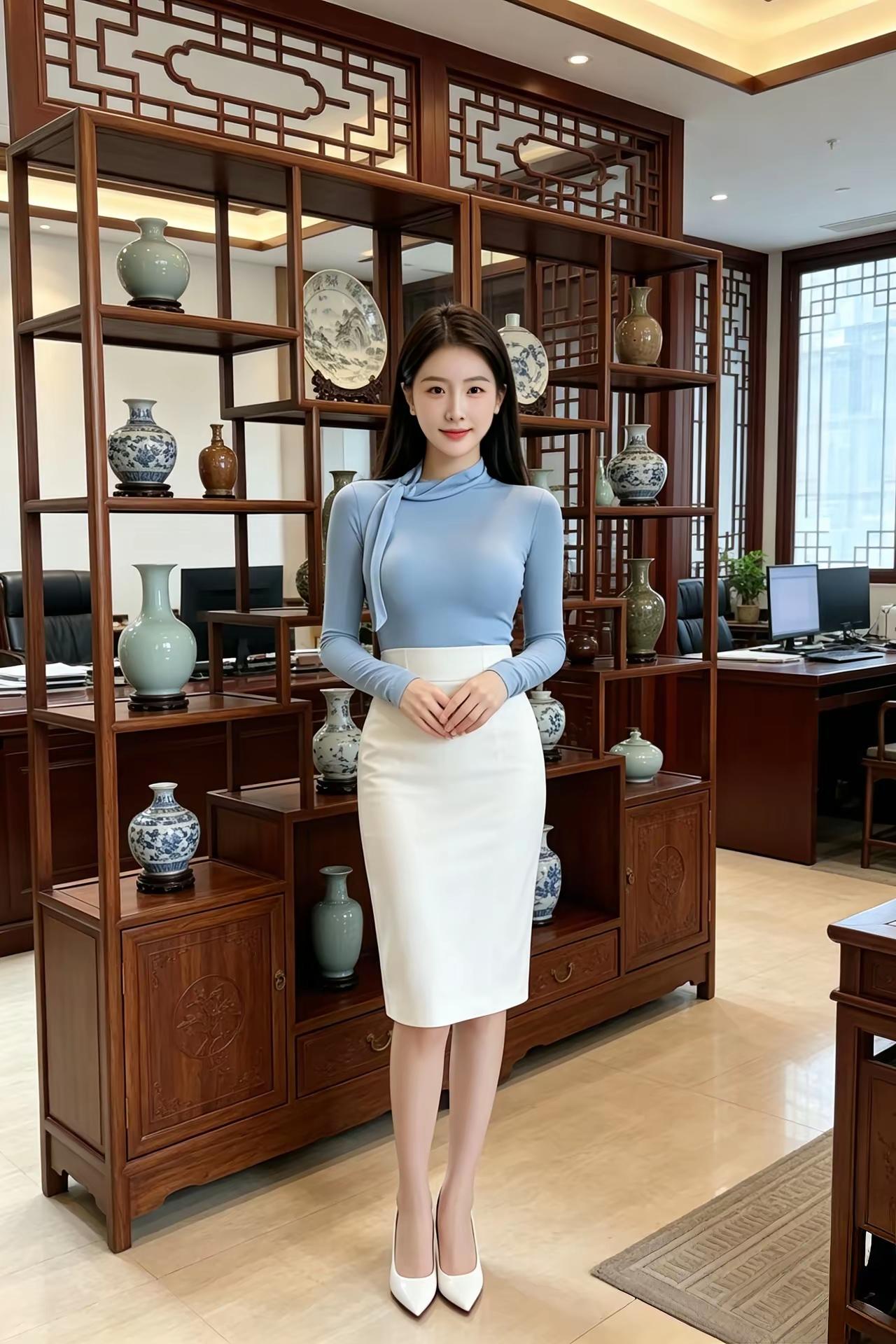 优雅职场风，蓝白撞色连衣裙，尽显女性魅力！高雅气质美女