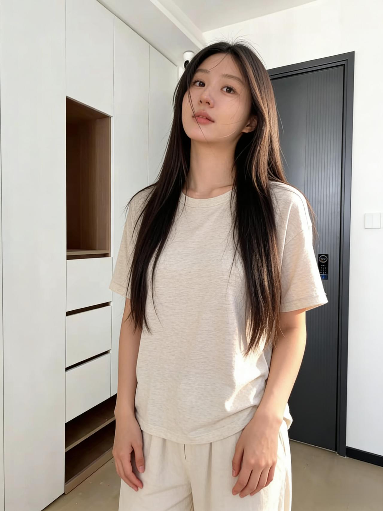 白柜黑门映晓光，佳人闲立态清扬。浅衫漫衬身姿软，长发轻垂眉黛长。目带星河凝远