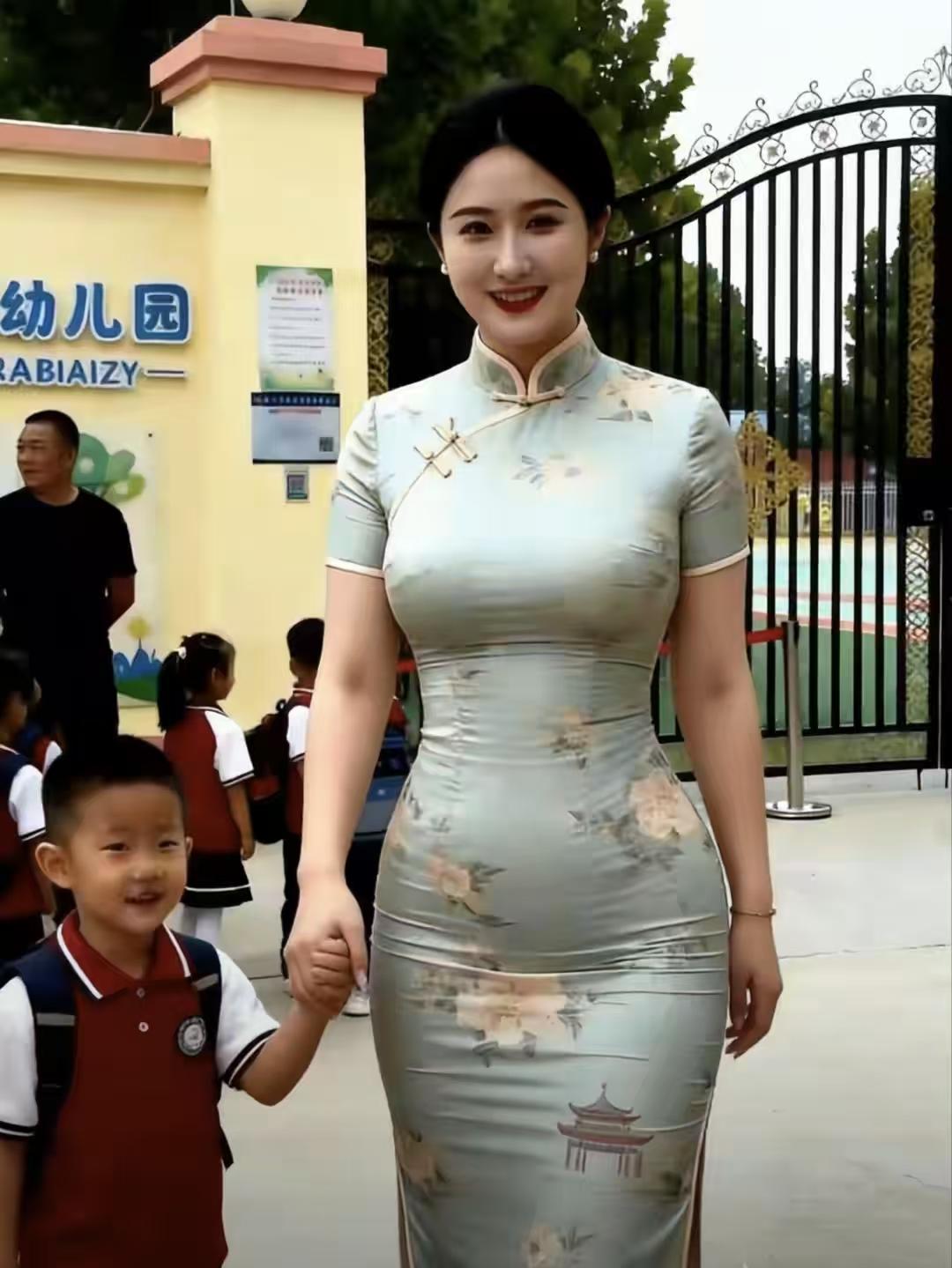 旗袍伴稚青釉旗袍韵态柔，稚儿牵手意悠悠。温柔体面日常写，岁月清嘉梦亦留。