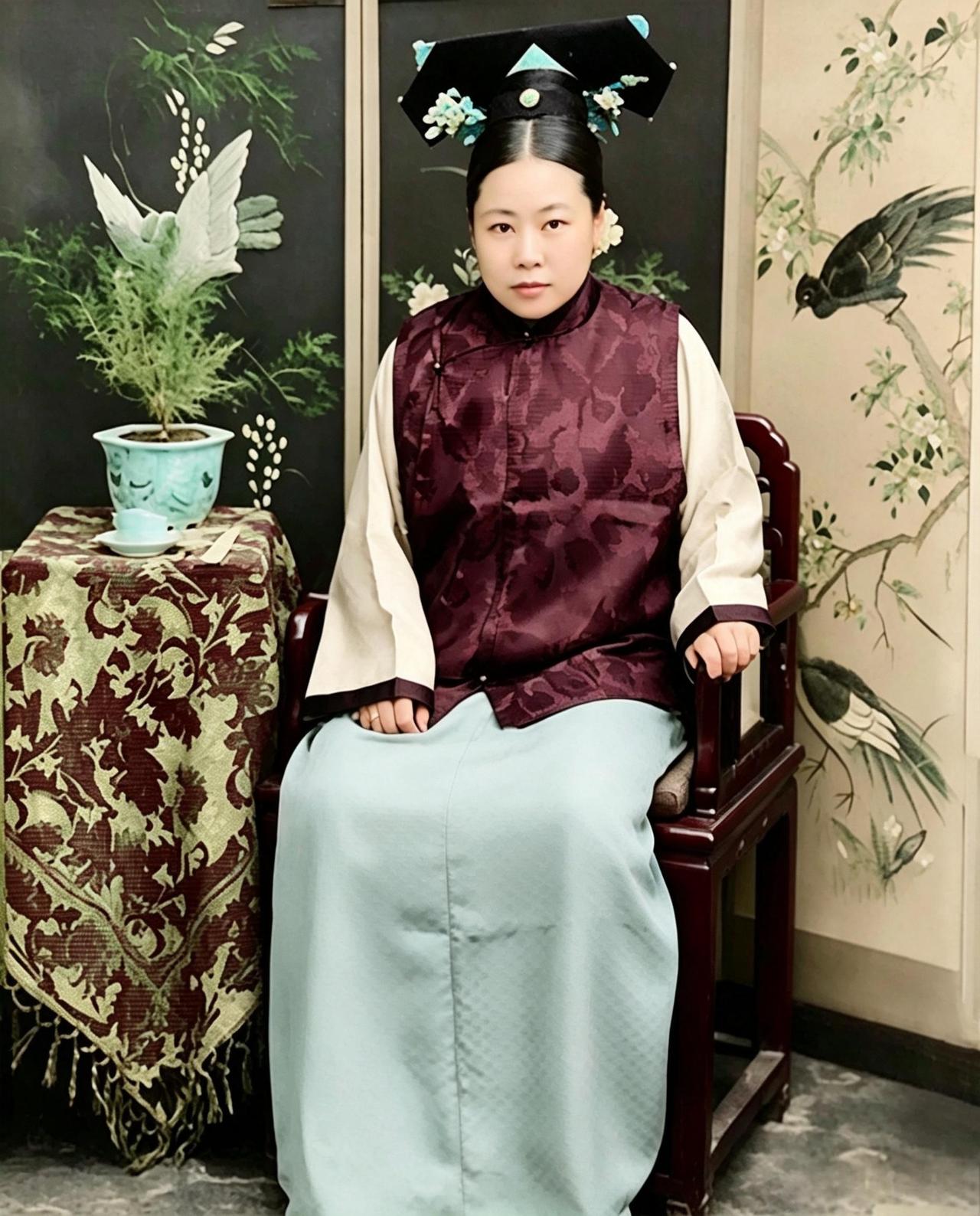 这位头戴达拉翅，内着长袍，外罩坎肩，相当富态、双目却略显呆滞的老太太，正是末代皇