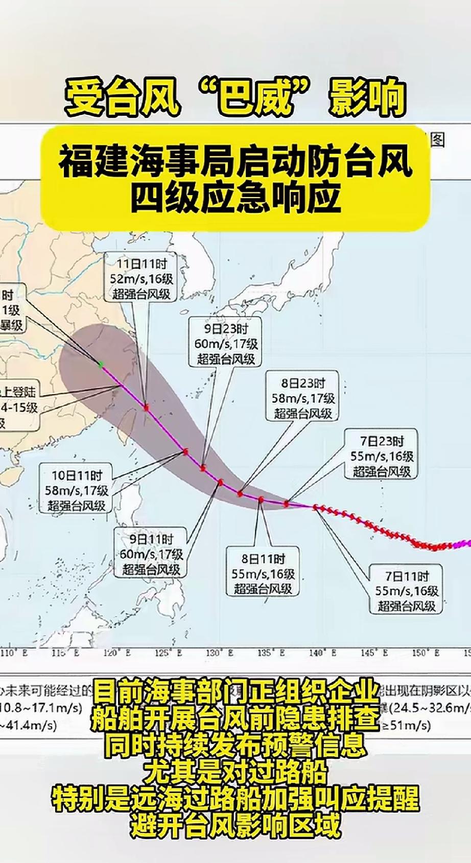 直径1000公里的17级+超强台风巴威(第九号)。预计11日晚上登陆我国宁德至