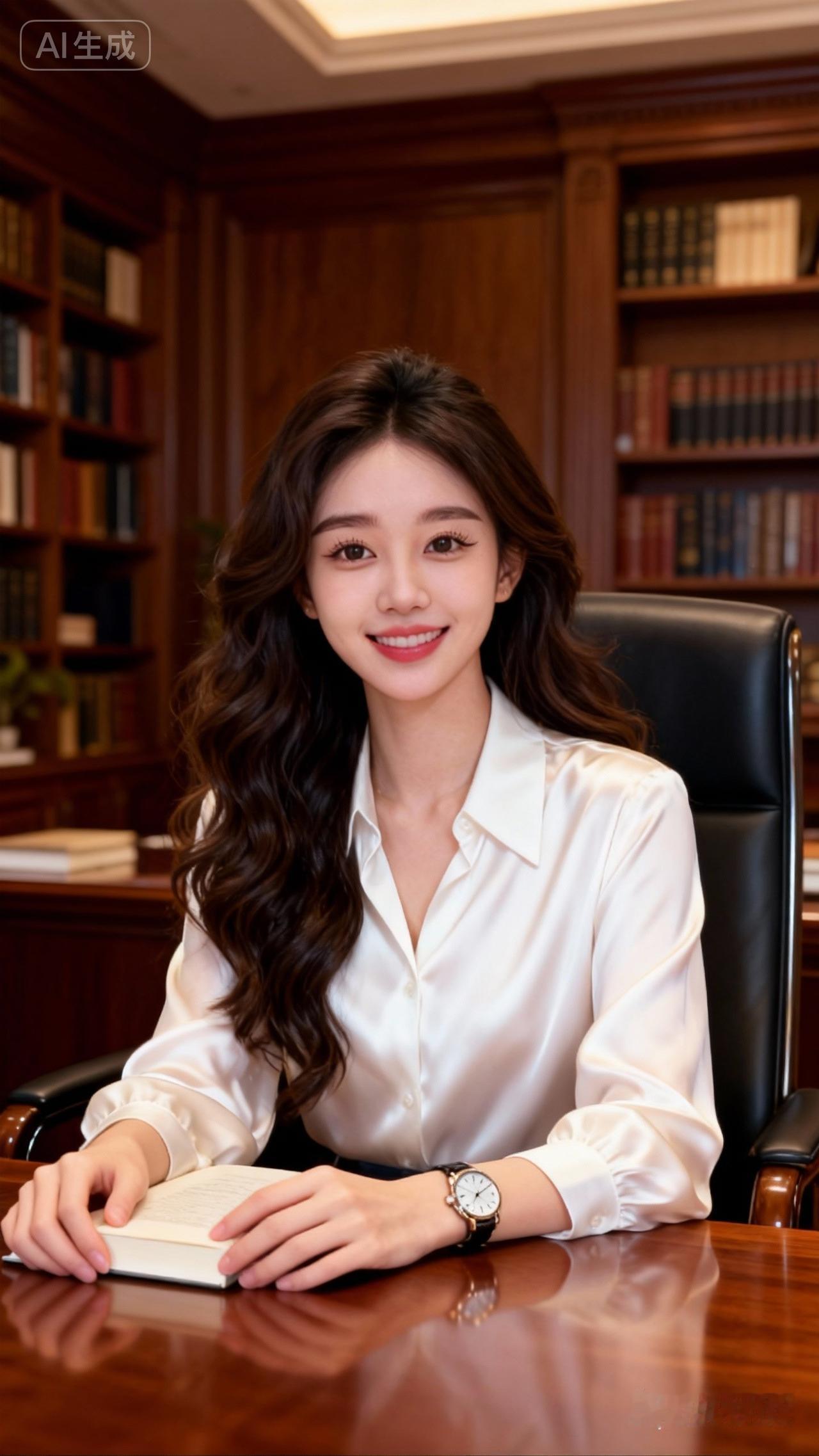 大波浪长卷发，东方气质美女，大眼睛，笑容甜美灿烂，坐在大气的书房书桌椅子上看书，