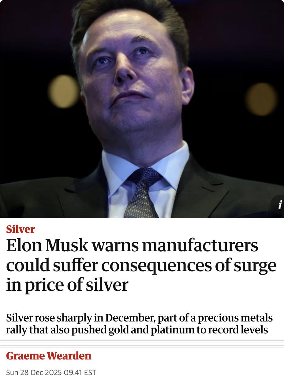 外媒：2025年12月，白银价格飙升至历史新高，引发了埃隆·马斯克的警告，称制造
