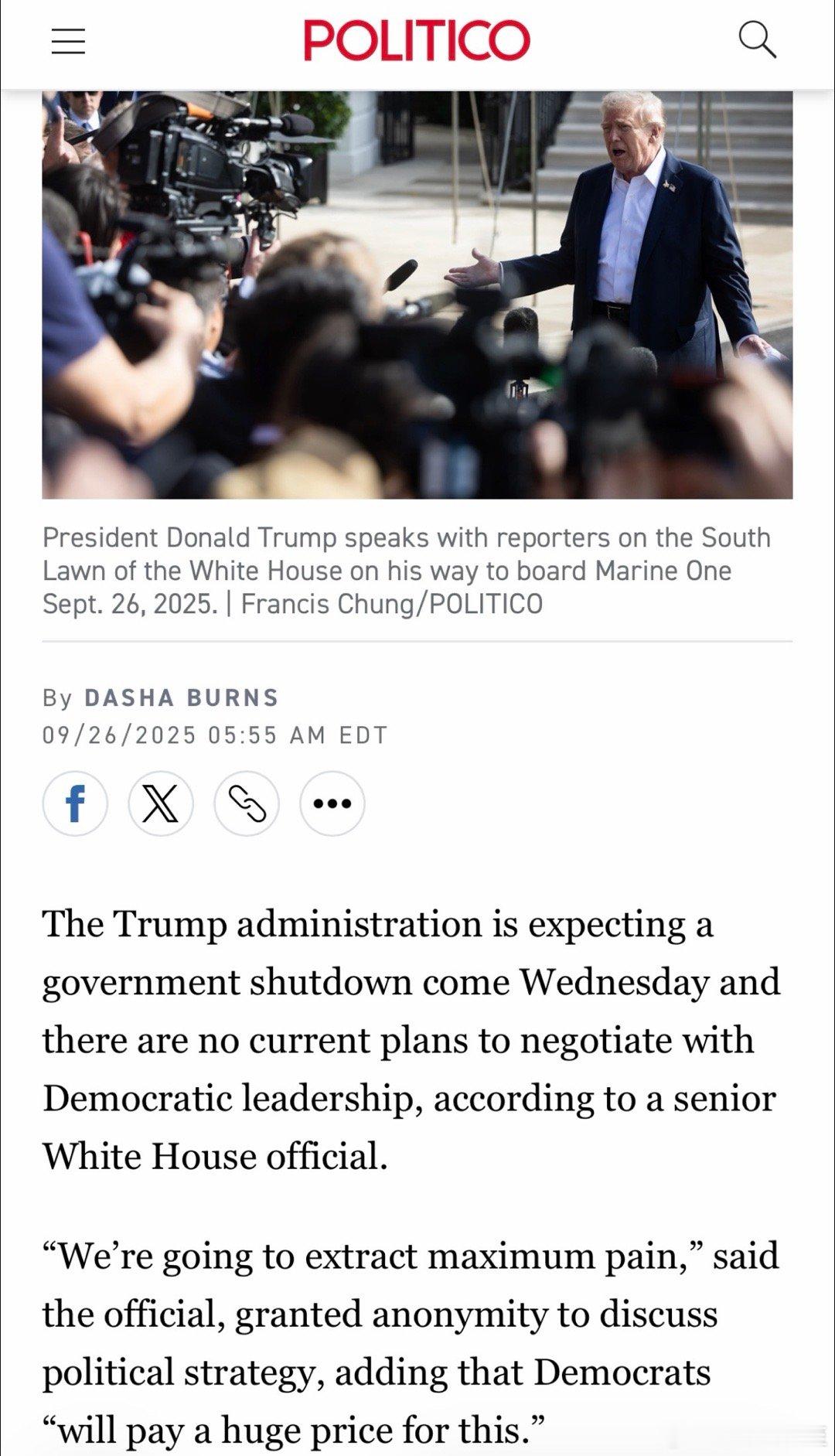 美国联邦财政年度9月30日结束目前Trump拒绝与民主党谈判，白宫相信10月1日