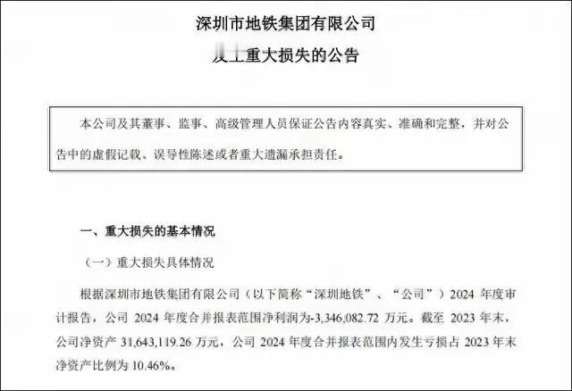 深证地铁集团巨亏334.6亿元，这个损失够大的，超过其2023年年末净资产的10