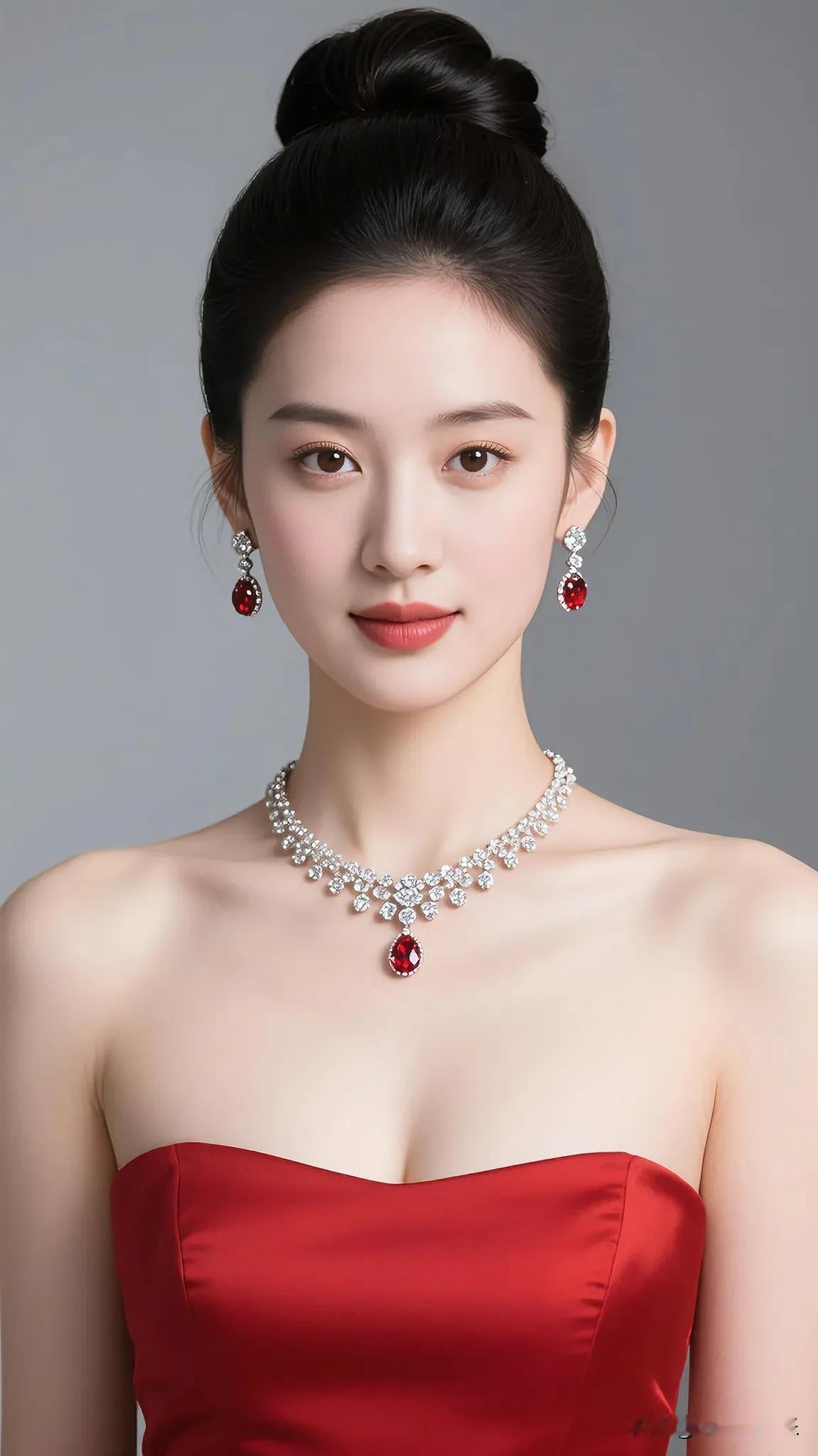赞红衣美人红衣姐姐真耀眼，宝石钻石身上嵌。发髻梳得高又挺，美得实在太