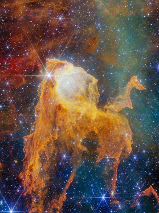 通过詹姆斯·韦伯望远镜镜头一窥船底座星云！这片广阔的恒星摇篮，位于7500光年之