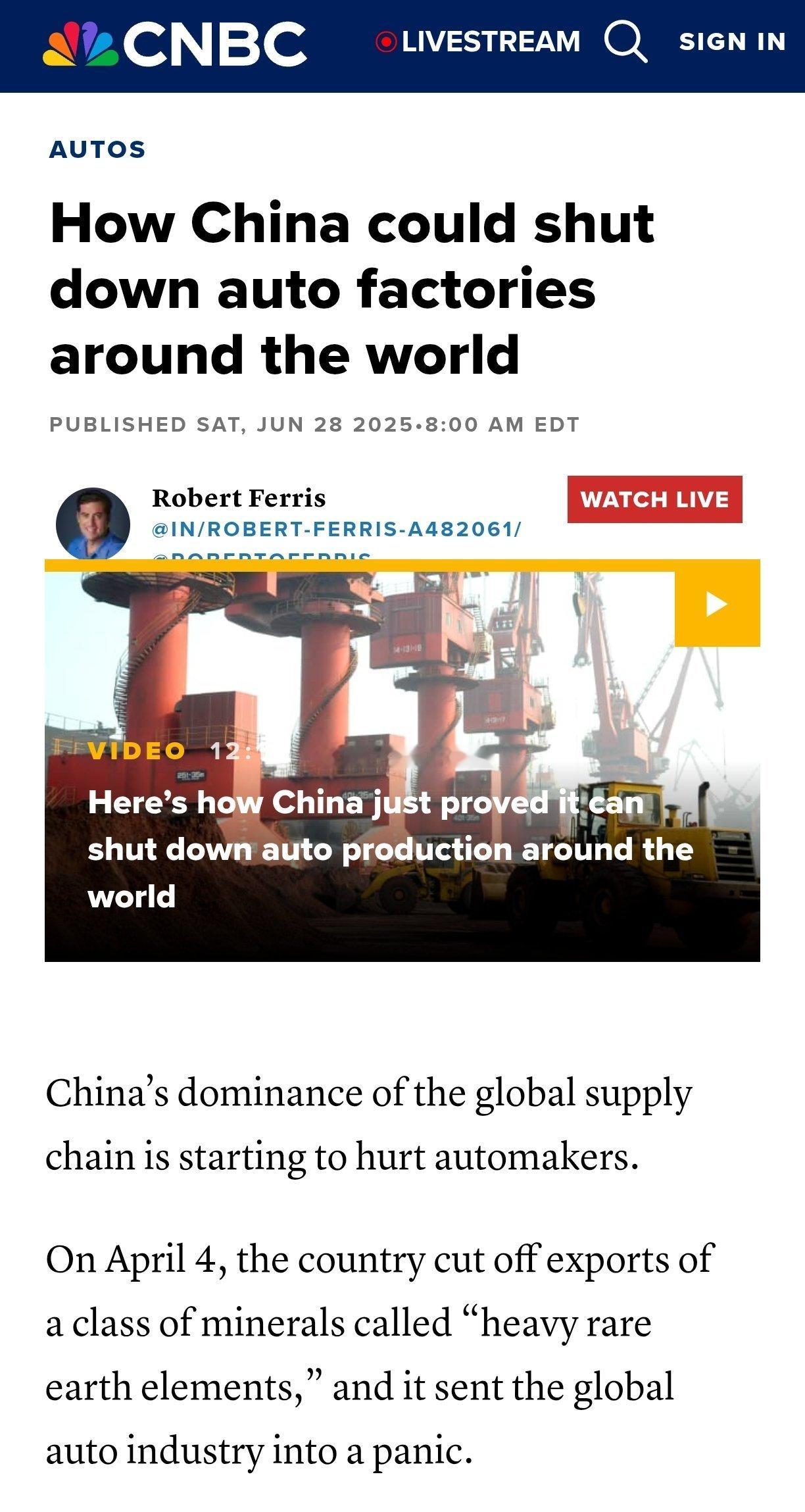 6月28日据美国消费者新闻与商业频道（CNBC）报道，中国对稀土出口实施管制是伊