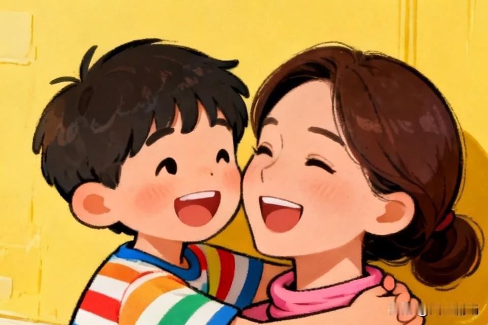 五岁儿子抱着妈妈的脖子说：美女，让我亲一口吧。接着就是一顿猛亲，妈妈擦了擦脸上的