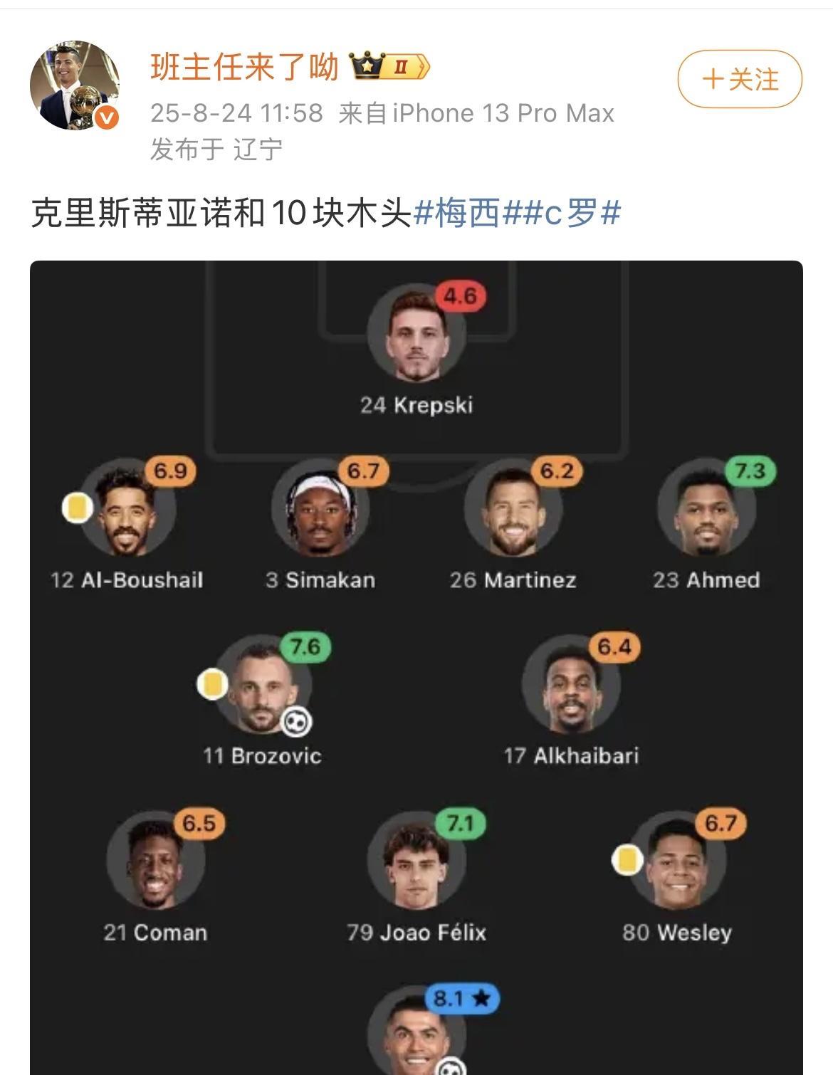 C罗输了沙超杯决赛后，罗粉再一次把责任推到队友们身上，还贴出一张图：克里斯蒂亚诺