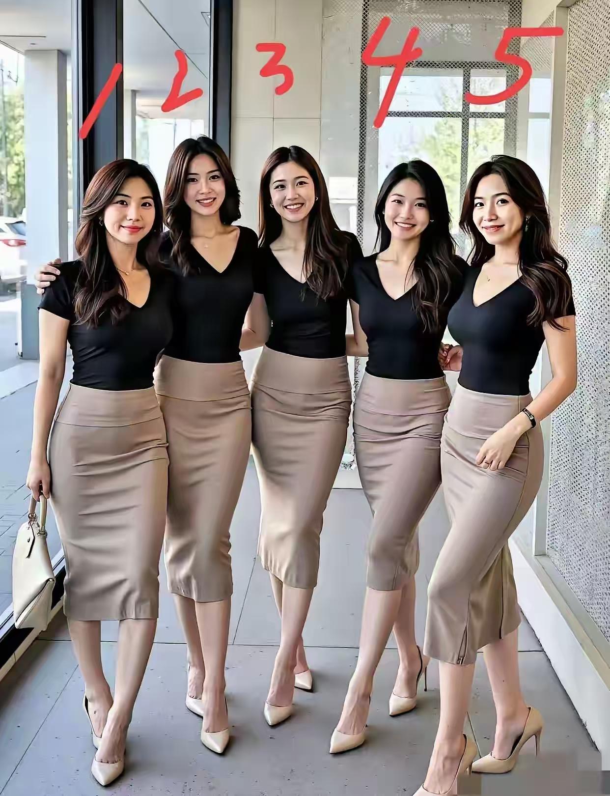 5位时尚美女一样的穿着打扮，一样的笑容可掬、气质优雅、神态迷人，而且都是未婚，职