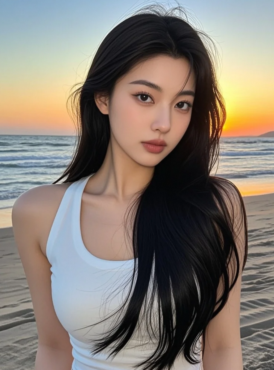 她在海边拍黄昏写真，温柔又高级