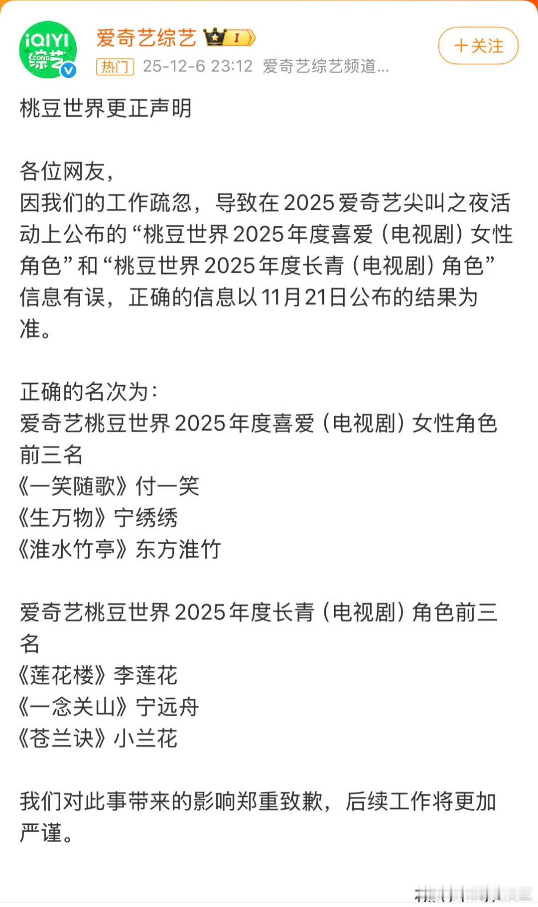 太滑稽了！这都能搞错？？竟然把原本刘诗诗的奖，公布成白鹿的奖……原本规定的年度女