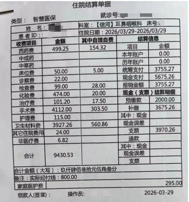 “离大谱！”浙江温州，女子陪儿子在一医院做了个手术，结算时，发现总费用一共943