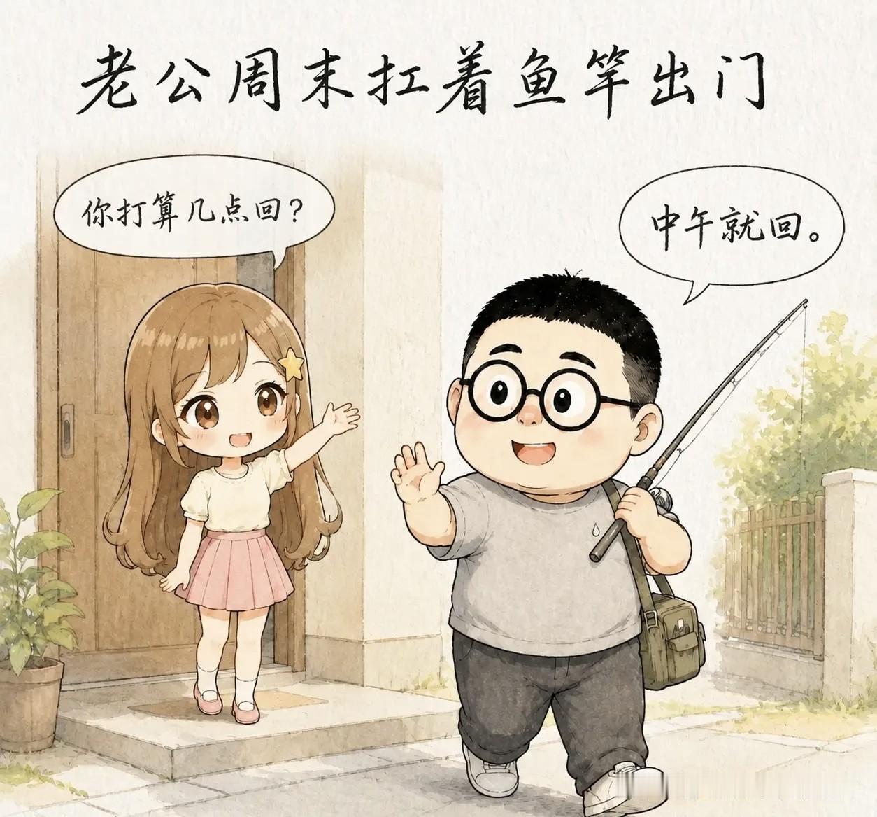 图文漫画推荐：老公周末扛着鱼竿出门。老婆问：「几点回？」老公：「中午就回。」晚上