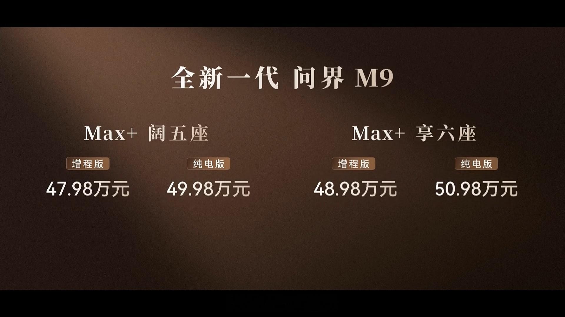 全新一代问界M9正式上市，47.98万起售。～Max+五座版纯电49.98万