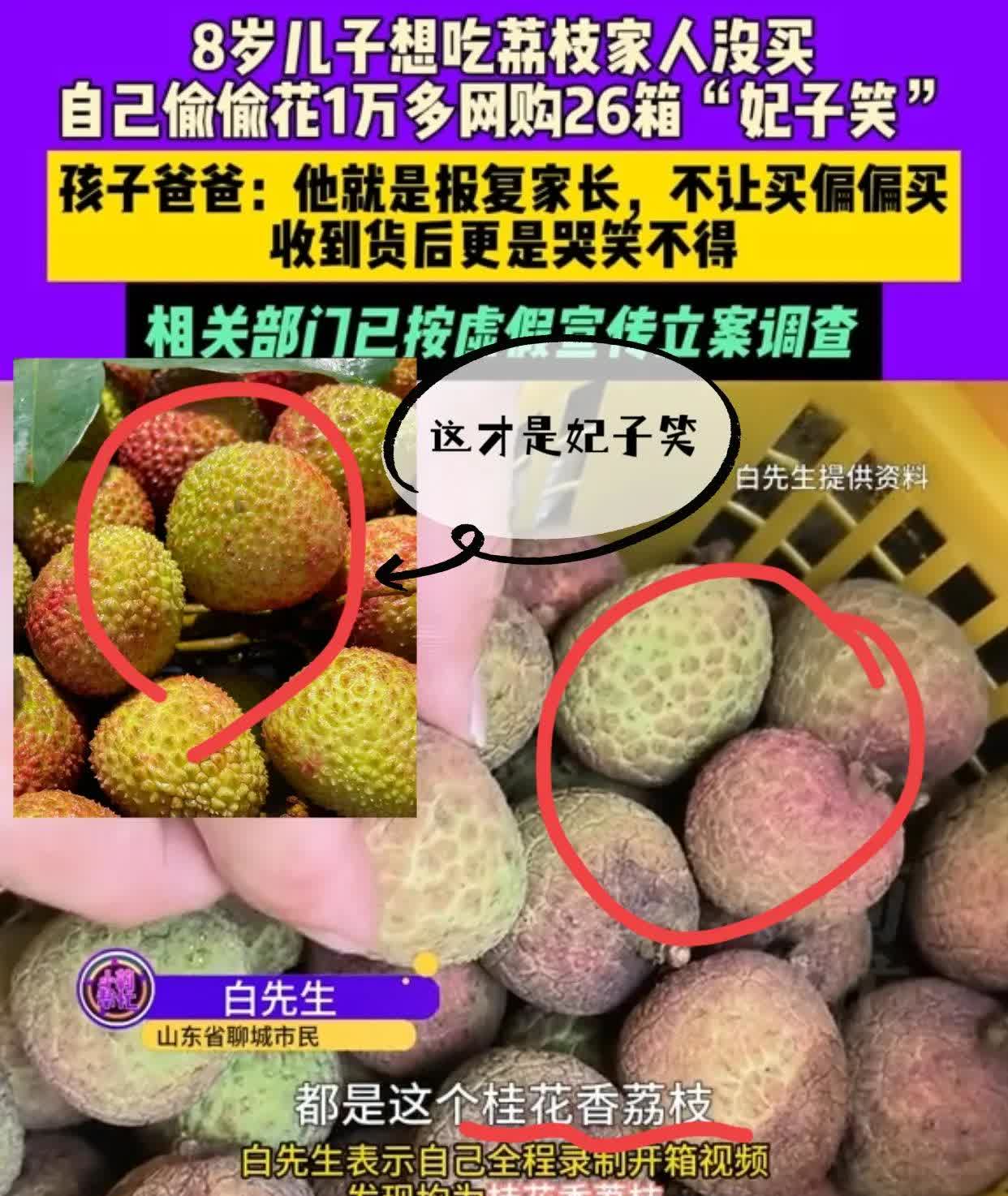 8岁男孩系报复家长不给自己买荔枝，于是自己上网买了26箱妃子笑荔枝，花费