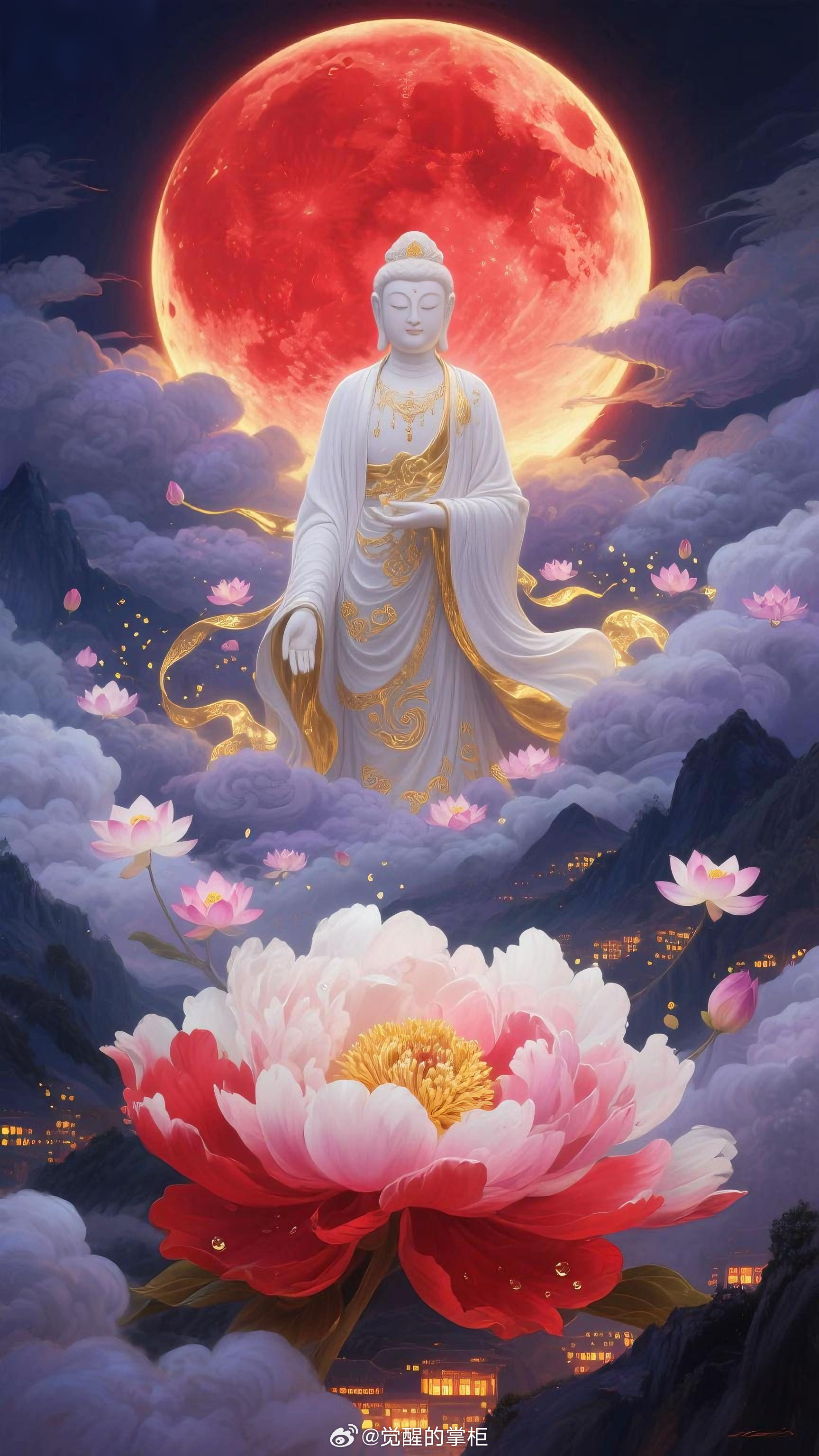 红月当空，礼赞许愿，菩萨庇佑你，桃花姻缘易成，事业多顺遂，好运接连不断。​​​
