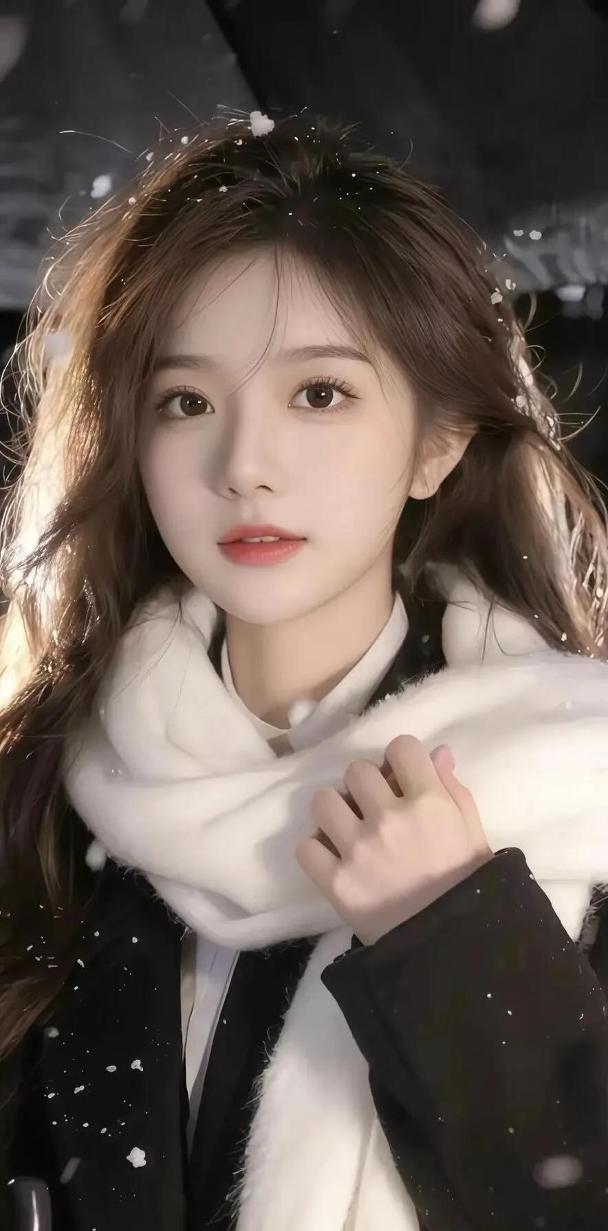 冬日暖阳下的温柔少女，白色围巾与飘雪相映成趣。街拍美女