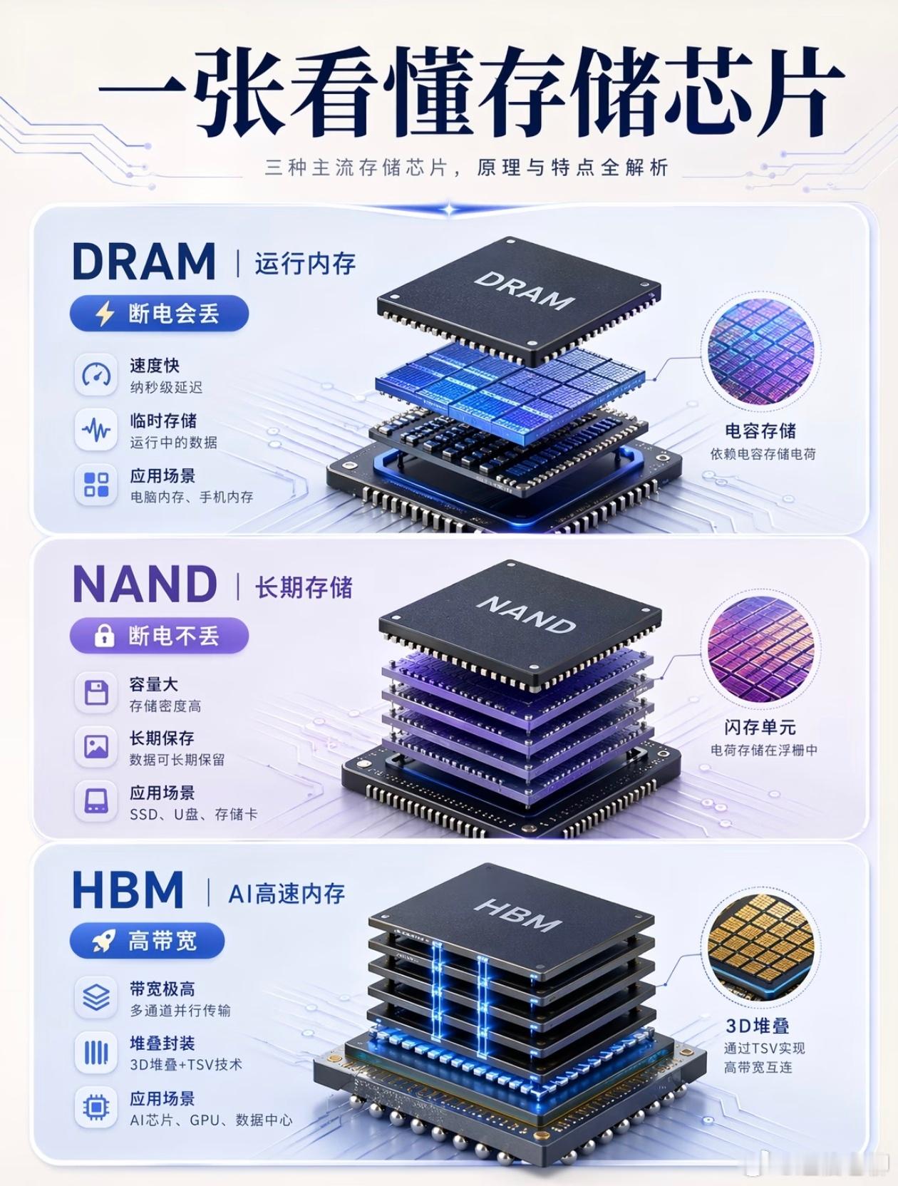 一图看懂DRAM、NAND、HBM三种类型芯片的区别！目前AI训练用的H